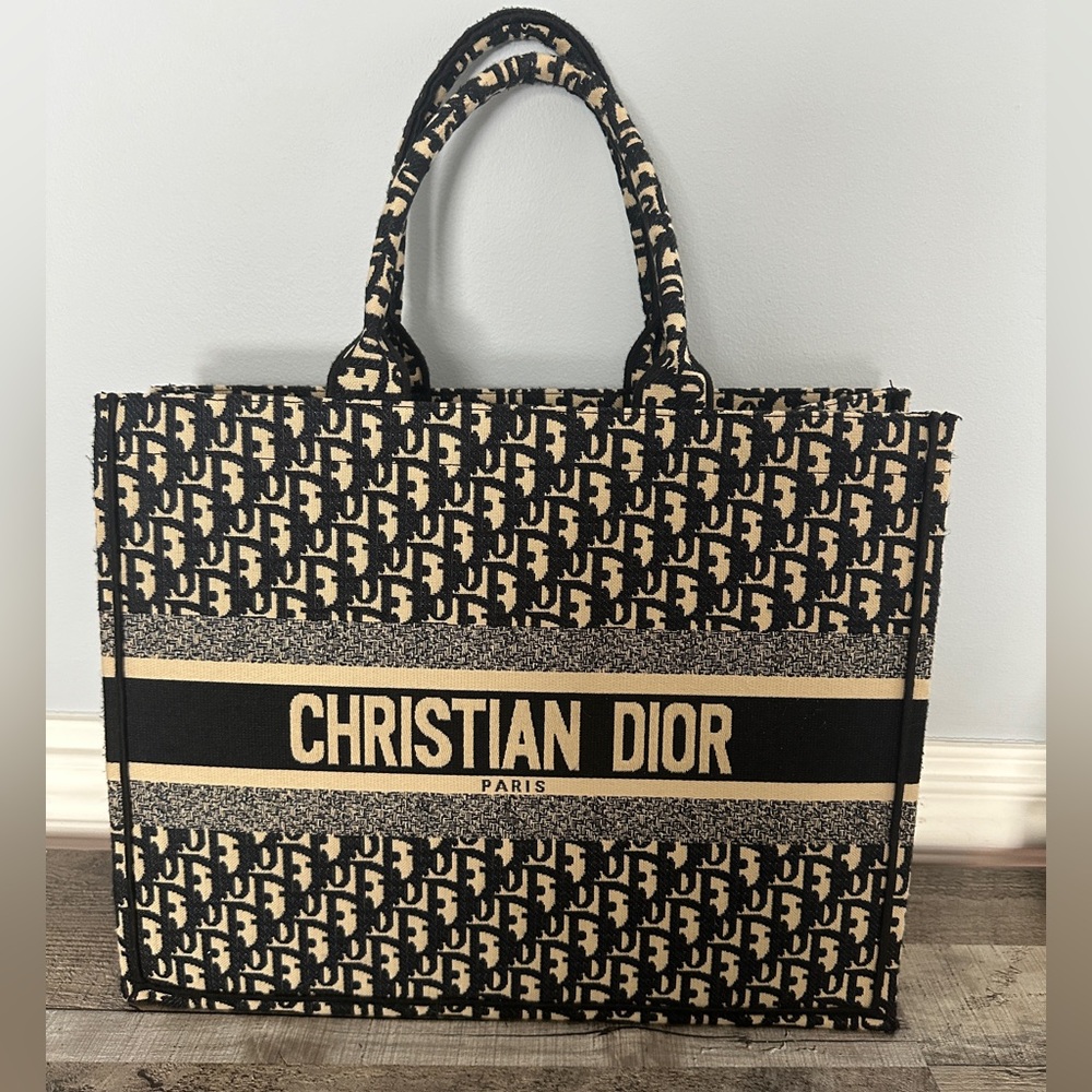 Navy blue and white fabric tote bag